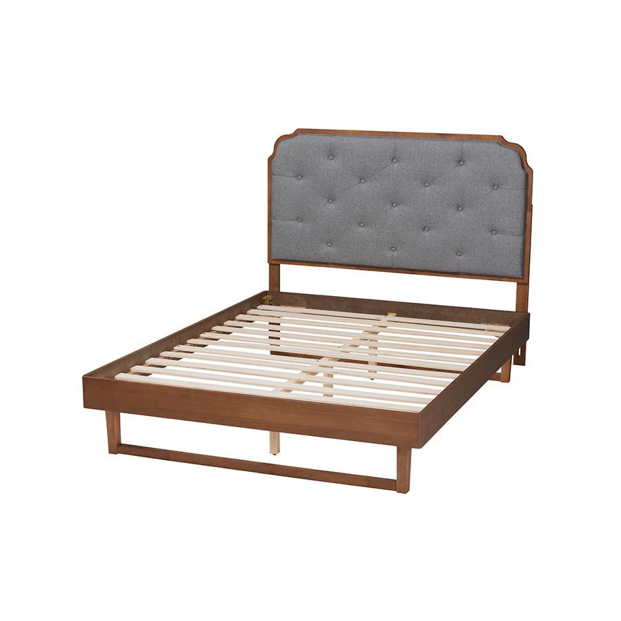 Grey Fabric and Walnut Brown Wood King Size Platform Bed. Picture 3