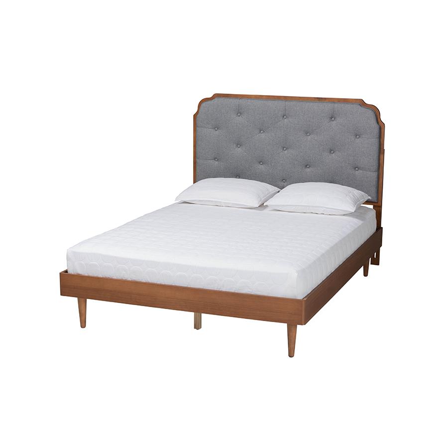 Grey Fabric and Walnut Brown Wood King Size Platform Bed. Picture 1