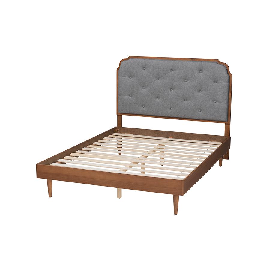 Grey Fabric and Walnut Brown Wood King Size Platform Bed. Picture 3