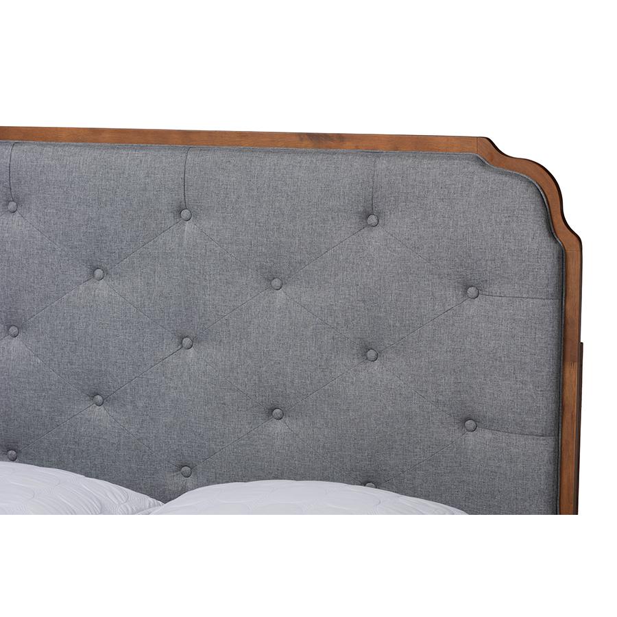 Grey Fabric and Walnut Brown Wood King Size Platform Bed. Picture 4