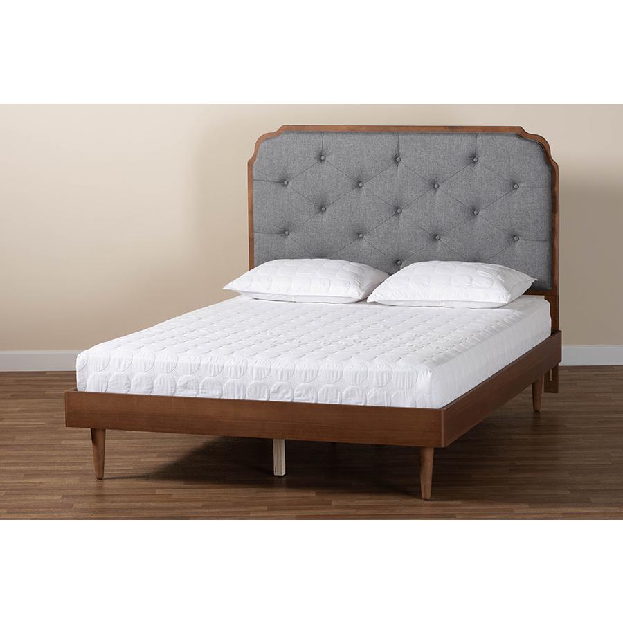 Grey Fabric and Walnut Brown Wood King Size Platform Bed. Picture 8