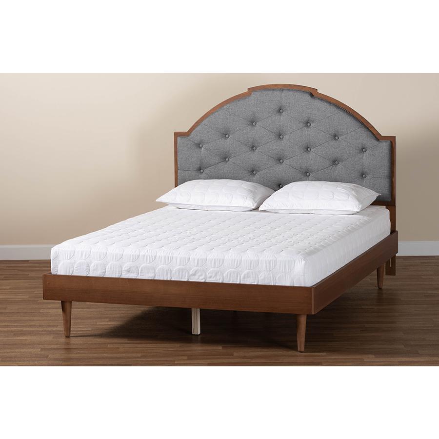 Grey Fabric and Walnut Brown Wood King Size Platform Bed. Picture 8