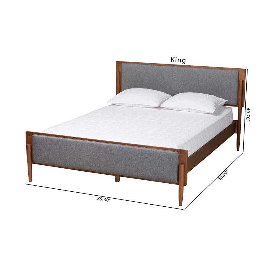 Grey Fabric and Ash Walnut Finished Wood King Size Platform Bed. Picture 10