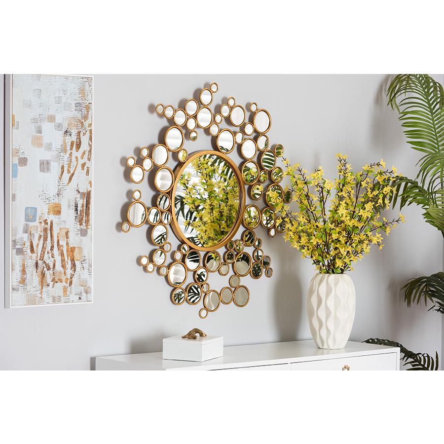 Castiel Modern Glam and Luxe Antique Goldleaf Metal Bubble Accent Wall Mirror. Picture 9