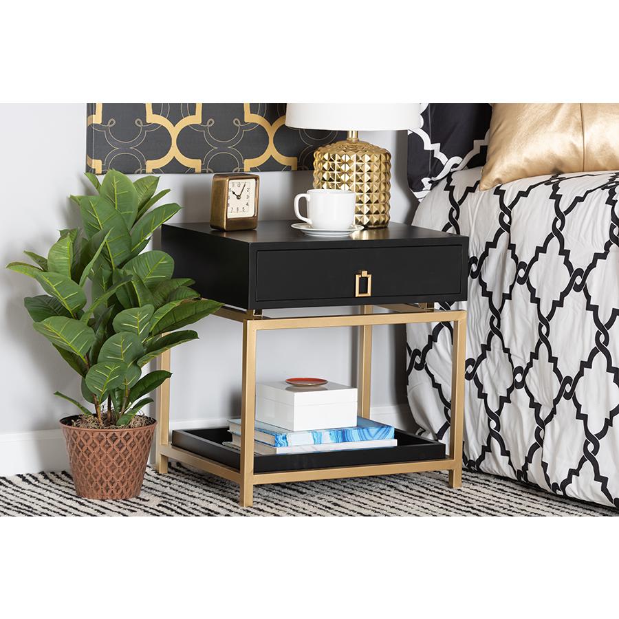 Glam and Luxe Black Finished Wood and Gold Metal 1-Drawer End Table. Picture 21