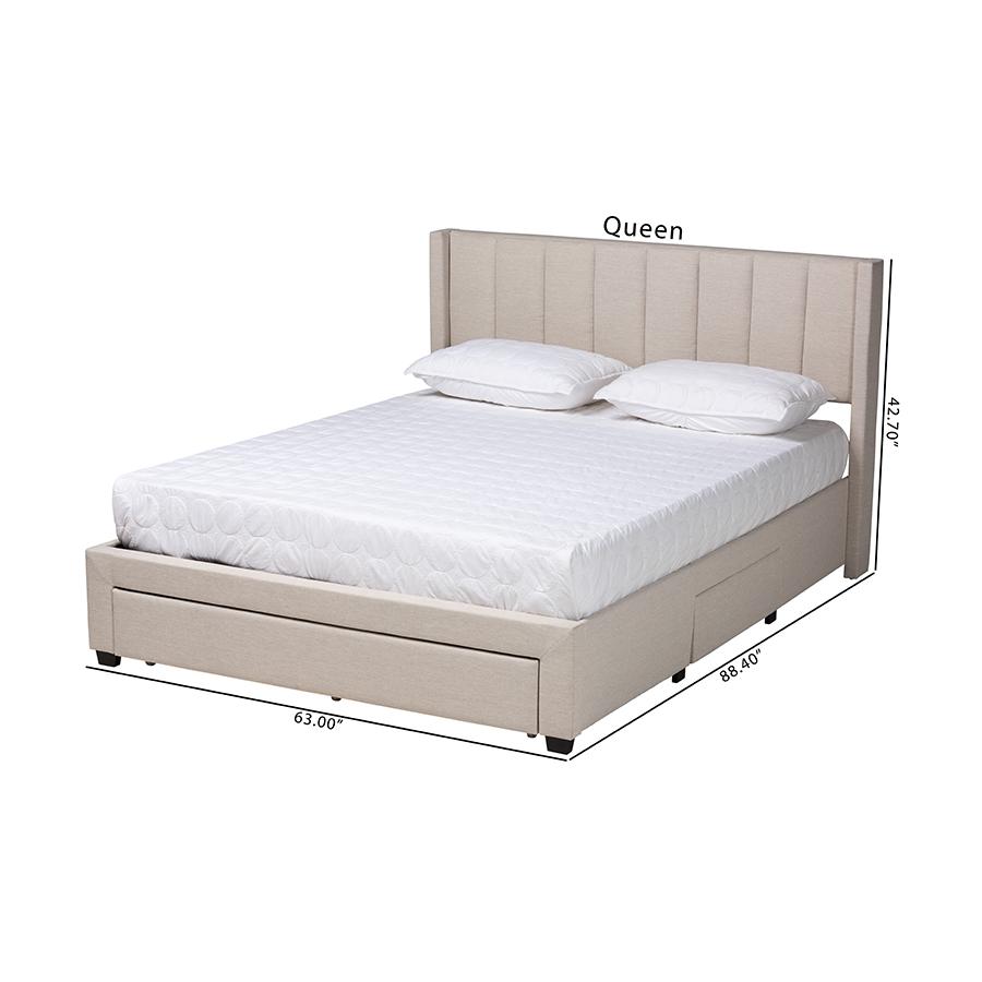 Transitional Beige Fabric Queen Size 3-Drawer Storage Platform Bed. Picture 14