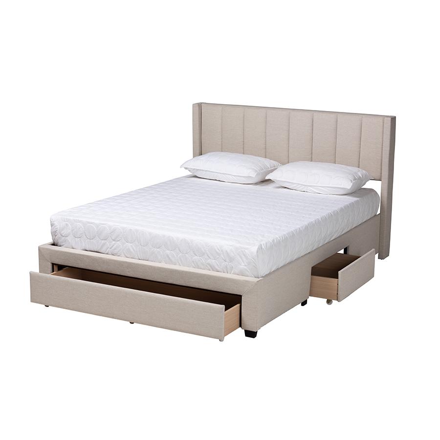 Transitional Beige Fabric Queen Size 3-Drawer Storage Platform Bed. Picture 2