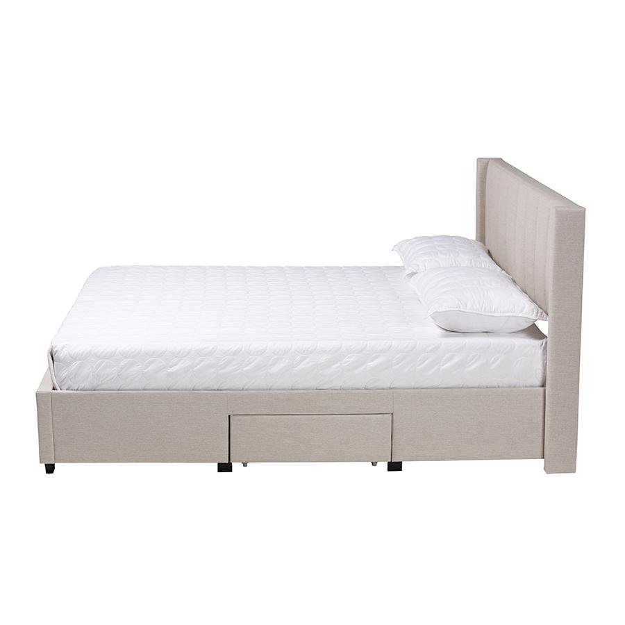 Transitional Beige Fabric Queen Size 3-Drawer Storage Platform Bed. Picture 3