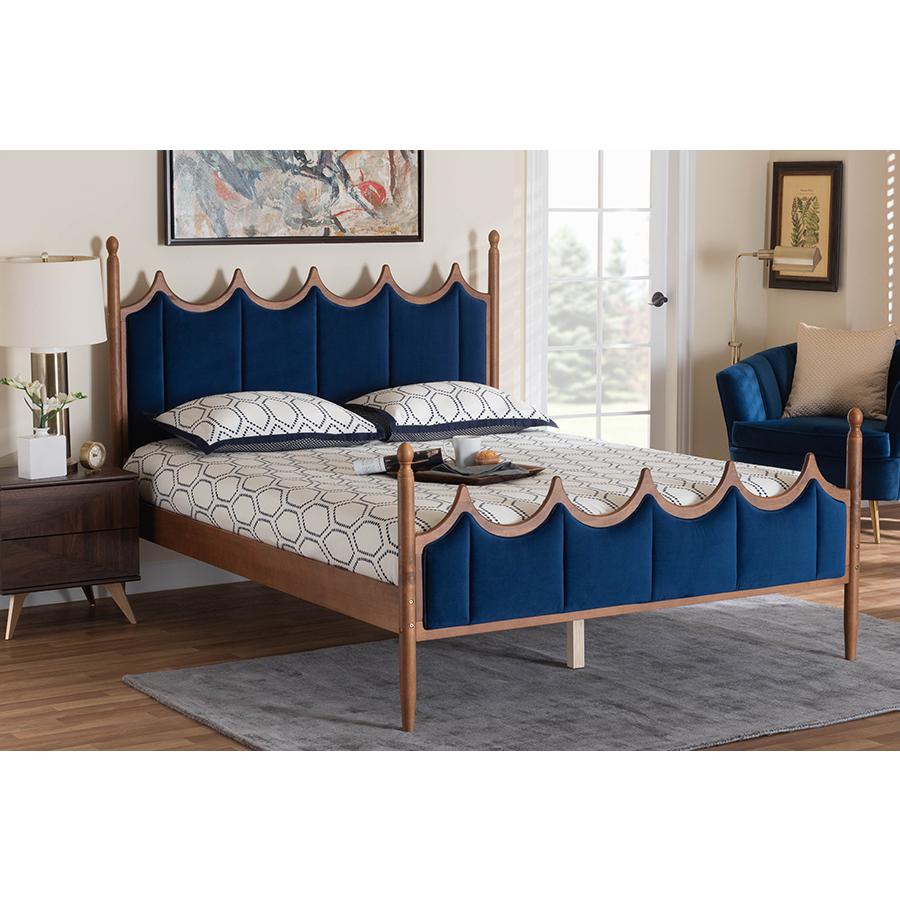 Royal Blue Velvet Fabric and Walnut Brown Wood Queen Size Platform Bed. Picture 19