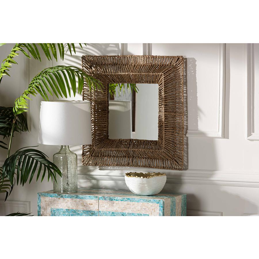 Bohemian Metal and Natural Brown Seagrass Accent Wall Mirror. Picture 9