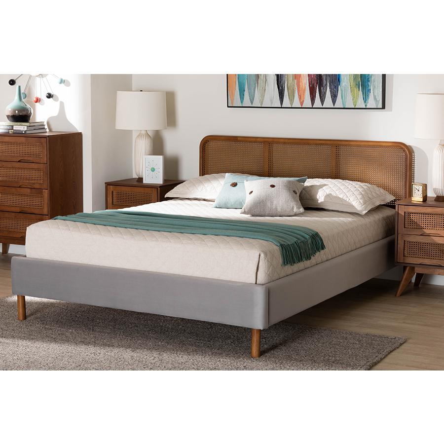 Light Grey Velvet Fabric and Walnut Brown Finished Wood Queen Size Platform Bed. Picture 19