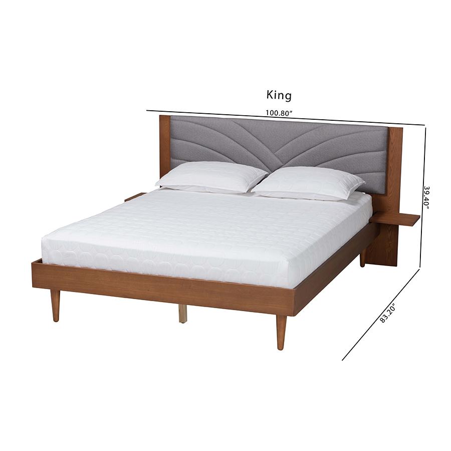 Walnut Brown Wood King Size Platform Bed With Floating Side Table. Picture 11