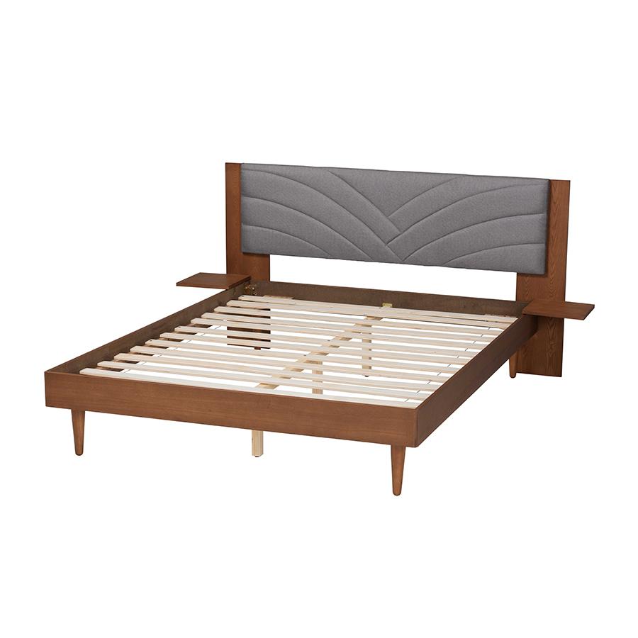 Walnut Brown Wood King Size Platform Bed With Floating Side Table. Picture 3