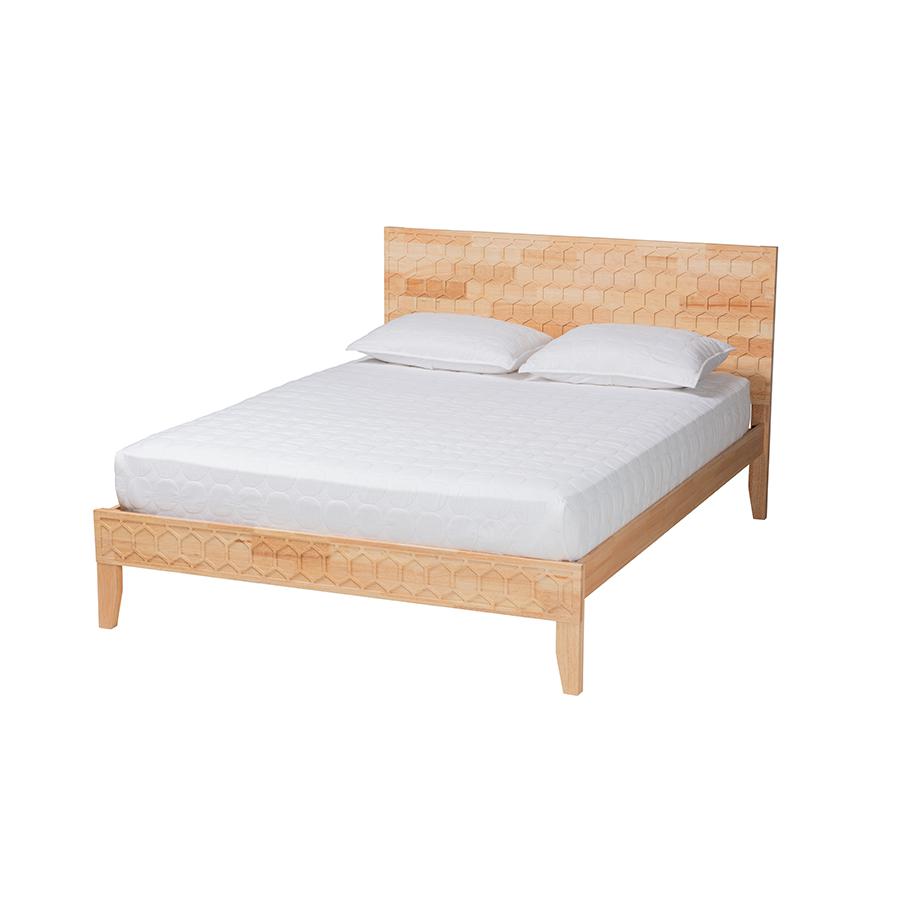 Hosea Japandi Carved Honeycomb Natural King Size Platform Bed. Picture 1