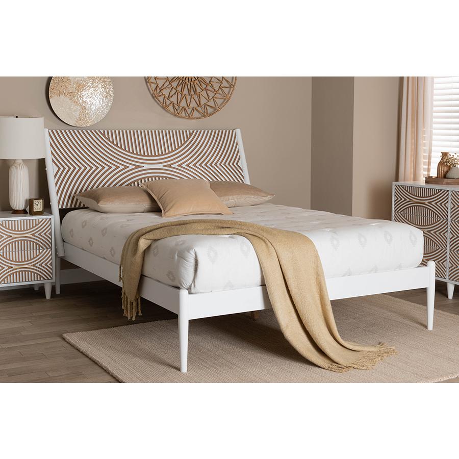 Louetta Coastal White Queen Size Platform Bed with Carved Contrasting Headboard. Picture 21