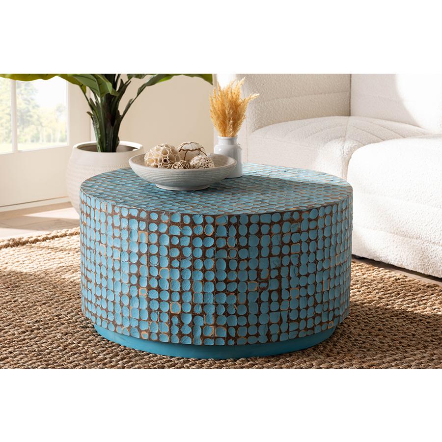Kaloni Bohemian Sky Blue Coconut Shell and Acacia Wood Coffee Table. Picture 17