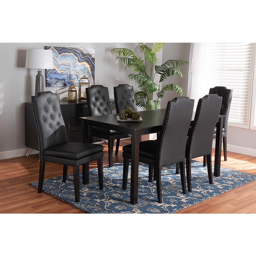 Black Faux Leather Upholstered and Dark Brown Finished Wood 7-Piece Dining Set. Picture 21