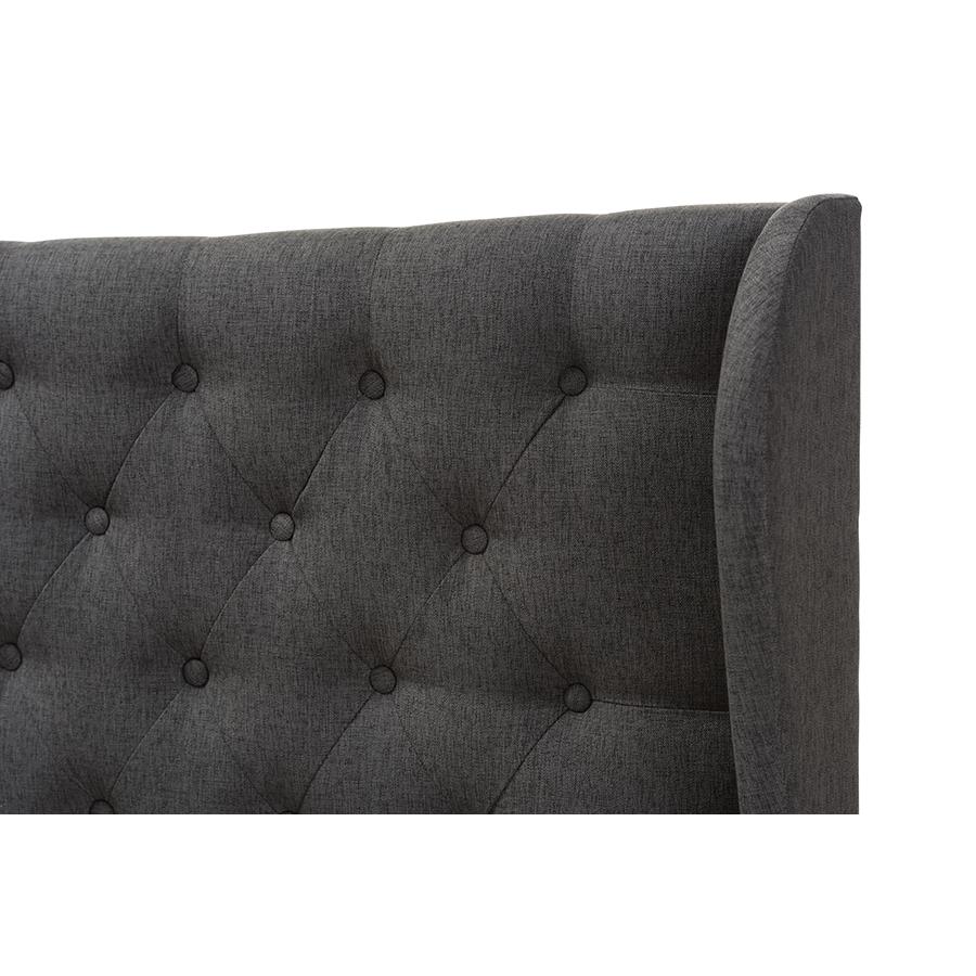 Dark Grey Fabric Button-Tufted Queen Size Winged Headboard. Picture 3