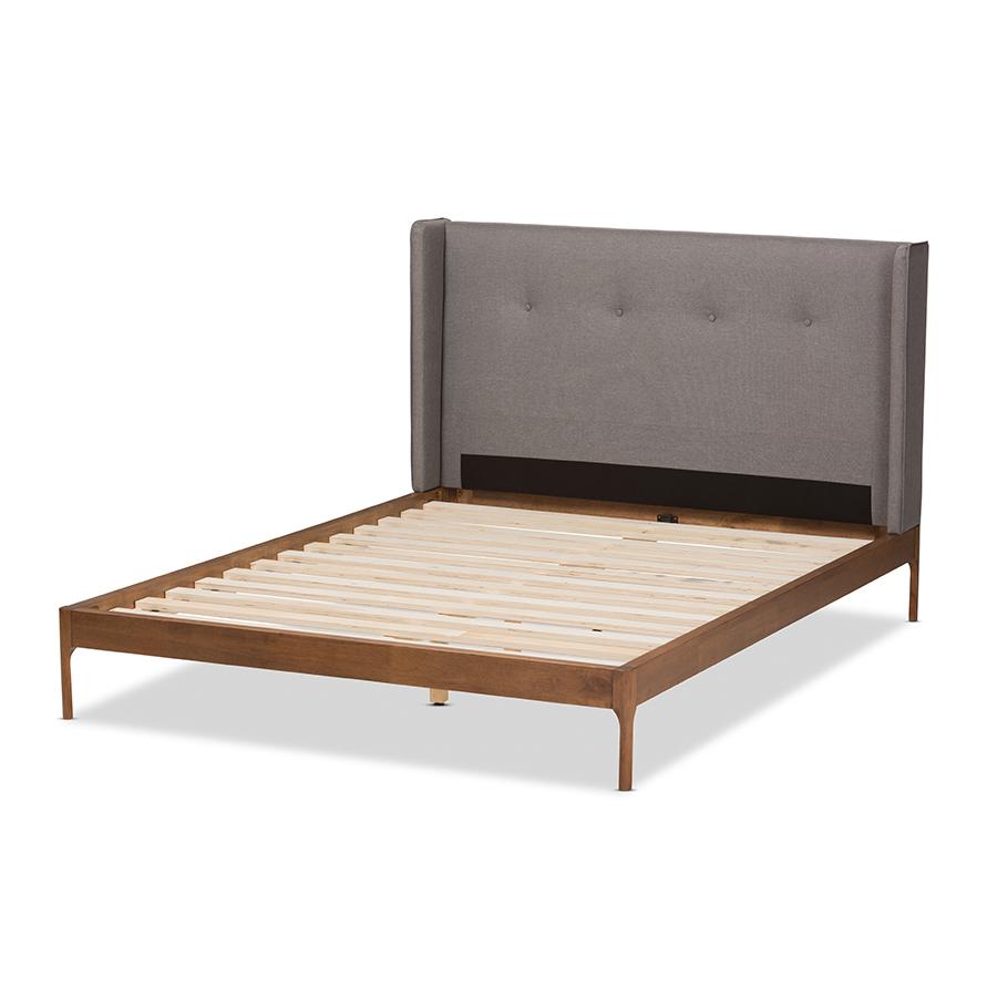 Brooklyn Mid-Century Modern Walnut Wood Grey Fabric King Size Platform Bed. Picture 3