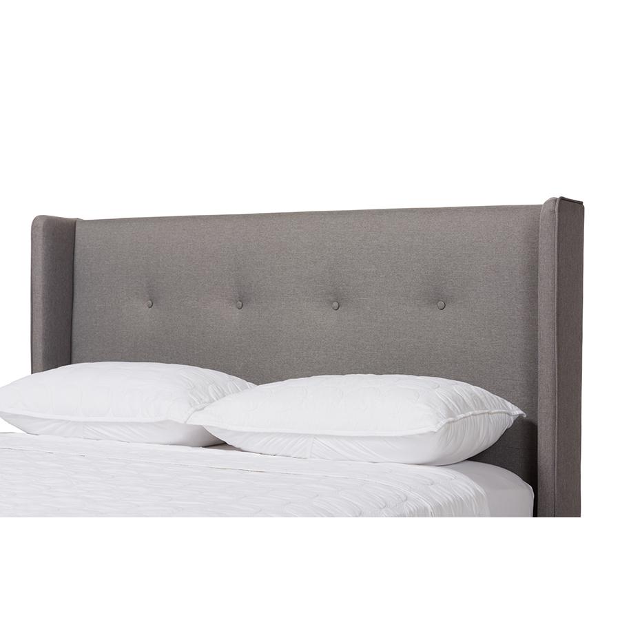 Brooklyn Mid-Century Modern Walnut Wood Grey Fabric King Size Platform Bed. Picture 5