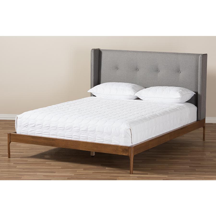 Brooklyn Mid-Century Modern Walnut Wood Grey Fabric King Size Platform Bed. Picture 9