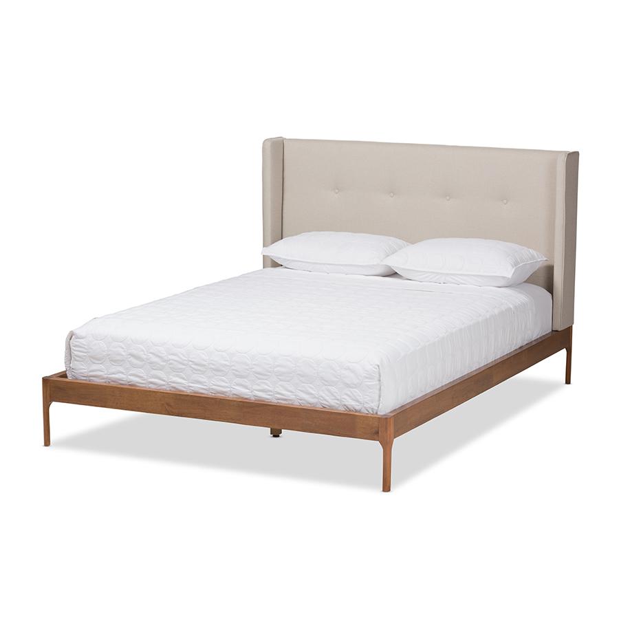 Brooklyn Mid-Century Modern Walnut Wood Beige Fabric Queen Size Platform Bed. Picture 1