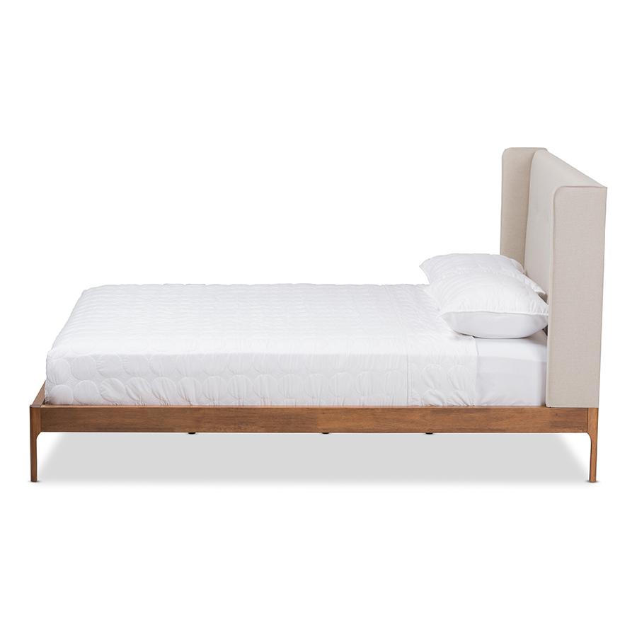 Brooklyn Mid-Century Modern Walnut Wood Beige Fabric Queen Size Platform Bed. Picture 2