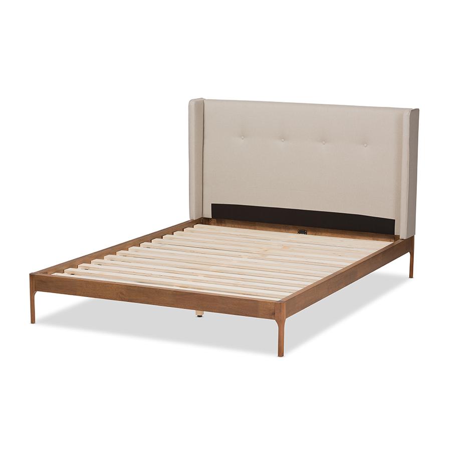 Brooklyn Mid-Century Modern Walnut Wood Beige Fabric Queen Size Platform Bed. Picture 3