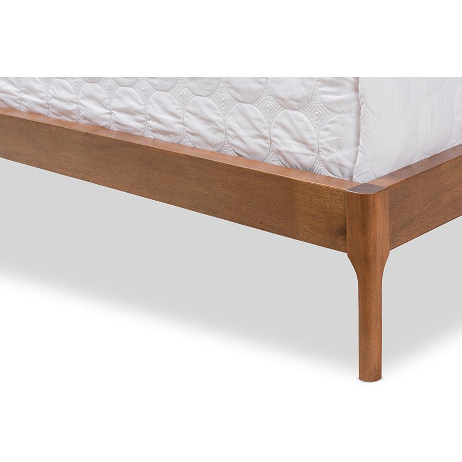 Brooklyn Mid-Century Modern Walnut Wood Beige Fabric Queen Size Platform Bed. Picture 7