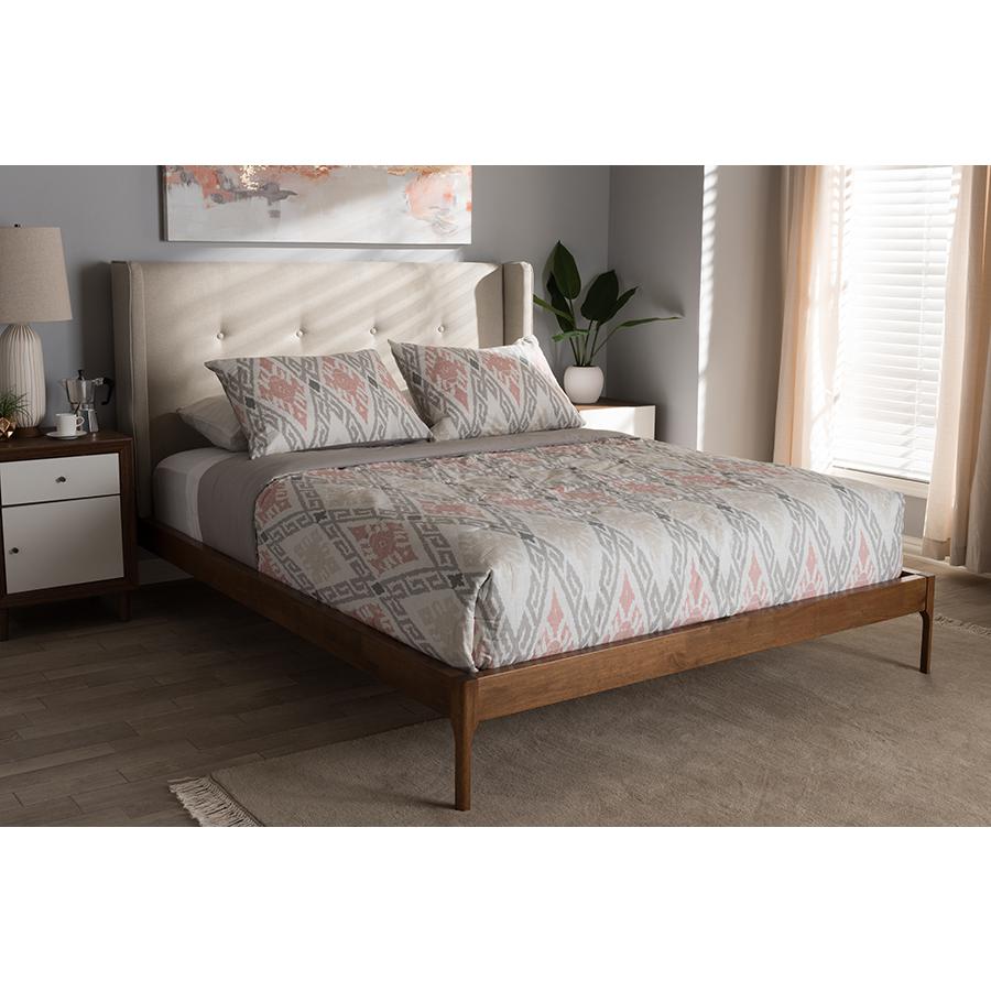Brooklyn Mid-Century Modern Walnut Wood Beige Fabric Full Size Platform Bed. Picture 21