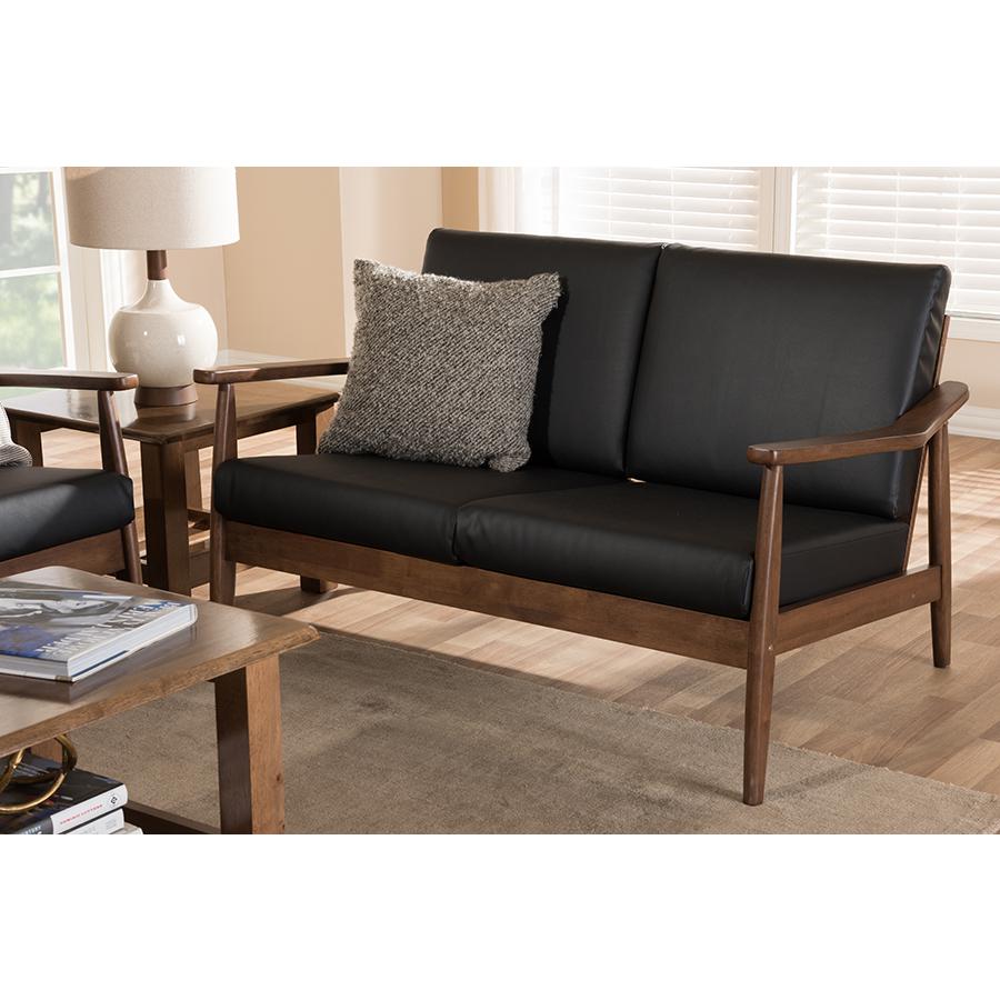 Venza Mid-Century Modern Walnut Wood Black Faux Leather 2-Seater Loveseat. Picture 19