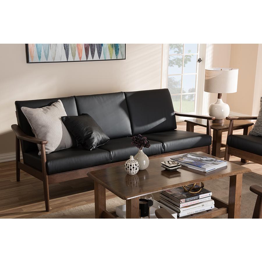 Venza Mid-Century Modern Walnut Wood Black Faux Leather 3-Seater Sofa. Picture 19