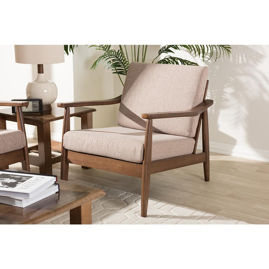 Venza Mid-Century Modern Walnut Wood Light Brown Fabric Upholstered Lounge Chair. Picture 19