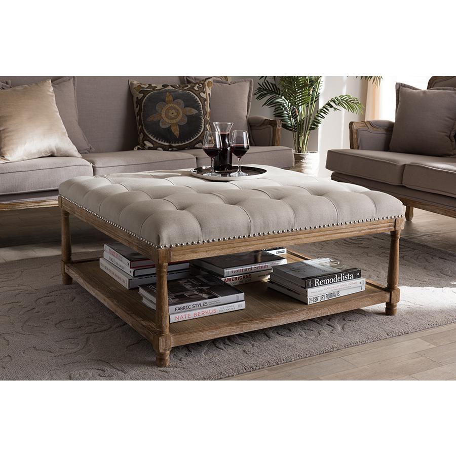 Carlotta French Country Weathered Oak Beige Linen Square Coffee Table Ottoman. Picture 15