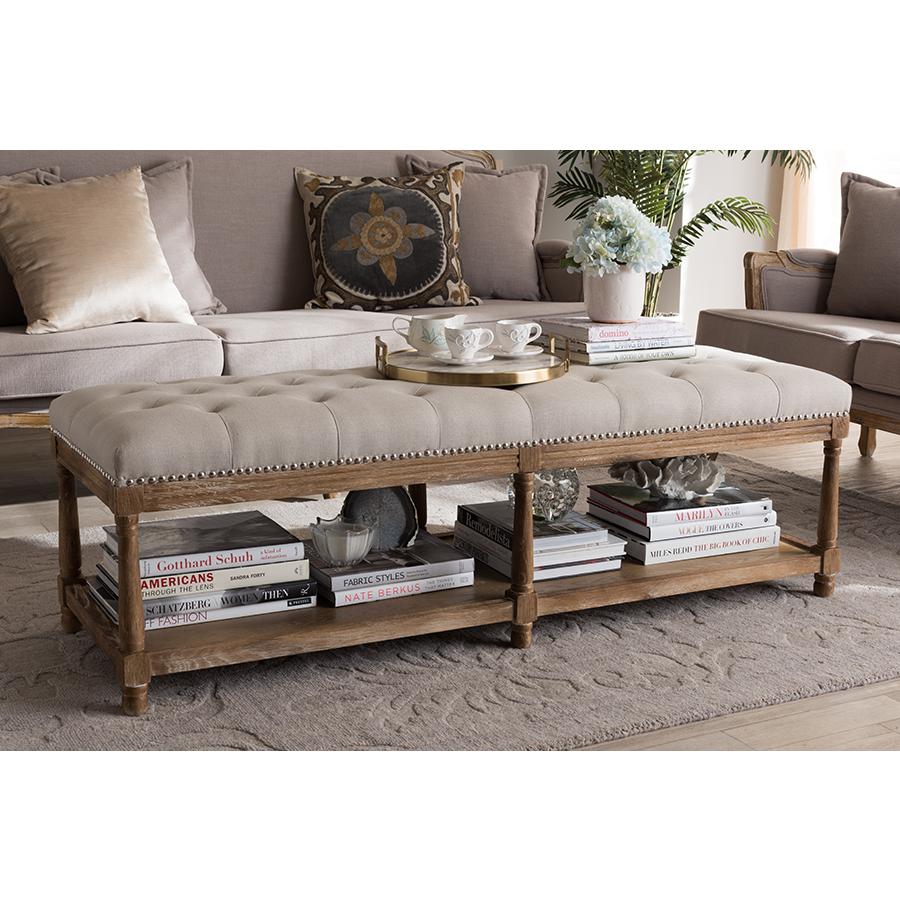 Celeste French Country Weathered Oak Beige Linen Upholstered Ottoman Bench. Picture 17