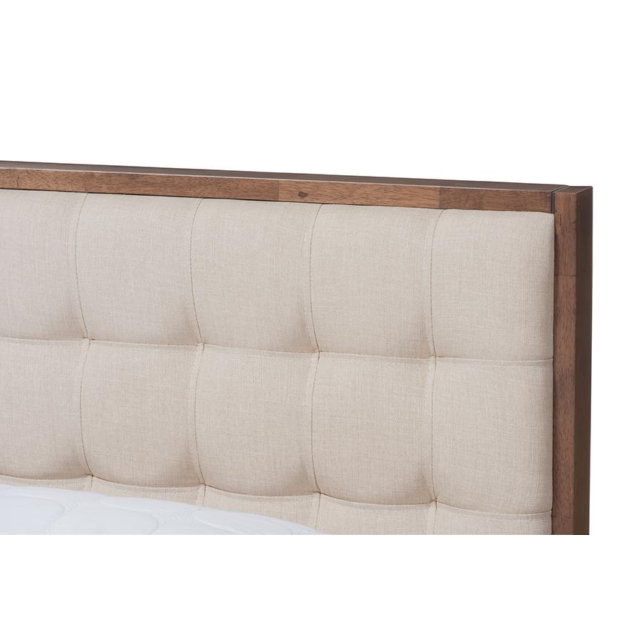 Light Beige Fabric and Walnut Brown Finished Wood Queen Size Platform Bed. Picture 4