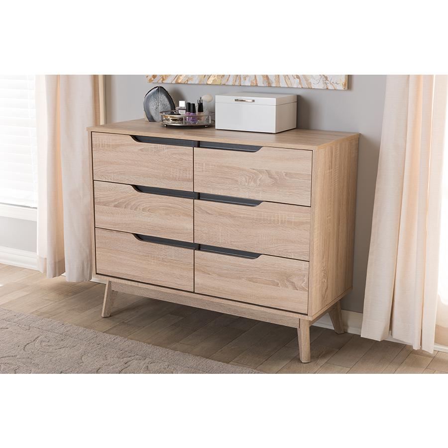 Fella Mid-Century Modern Two-Tone Oak and Grey Wood 6-Drawer Dresser. Picture 15
