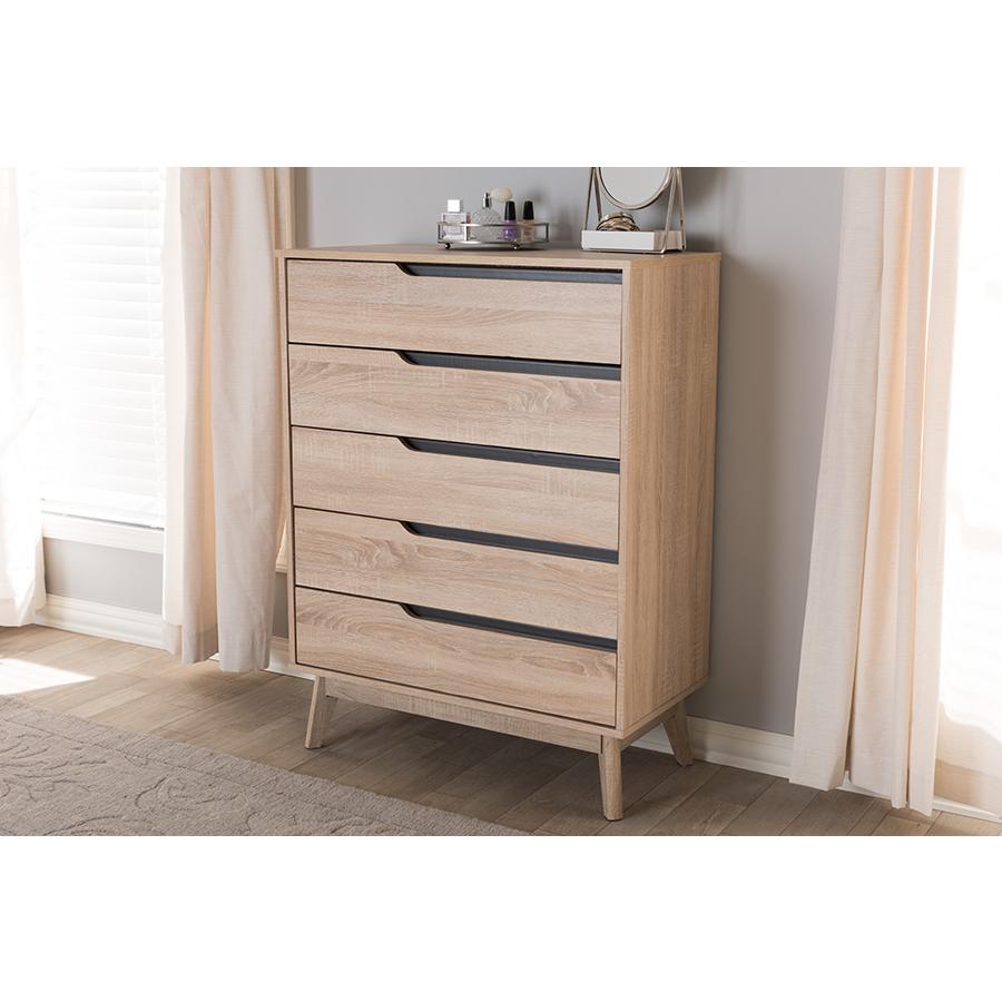 Baxton Studio Fella Mid-Century Modern Two-Tone Oak and Grey Wood 5-Drawer Chest. Picture 15