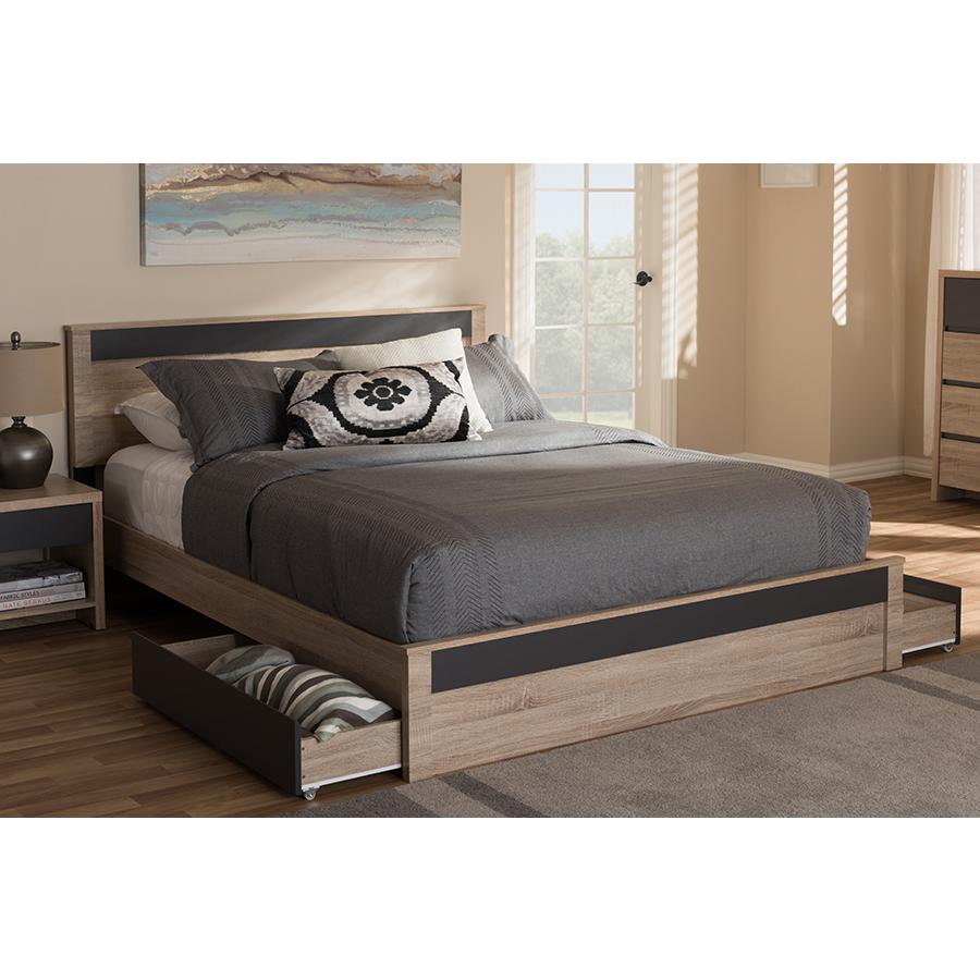 Two-Tone Oak and Grey Wood Queen 2-Drawer Queen Size Storage Platform Bed. Picture 21