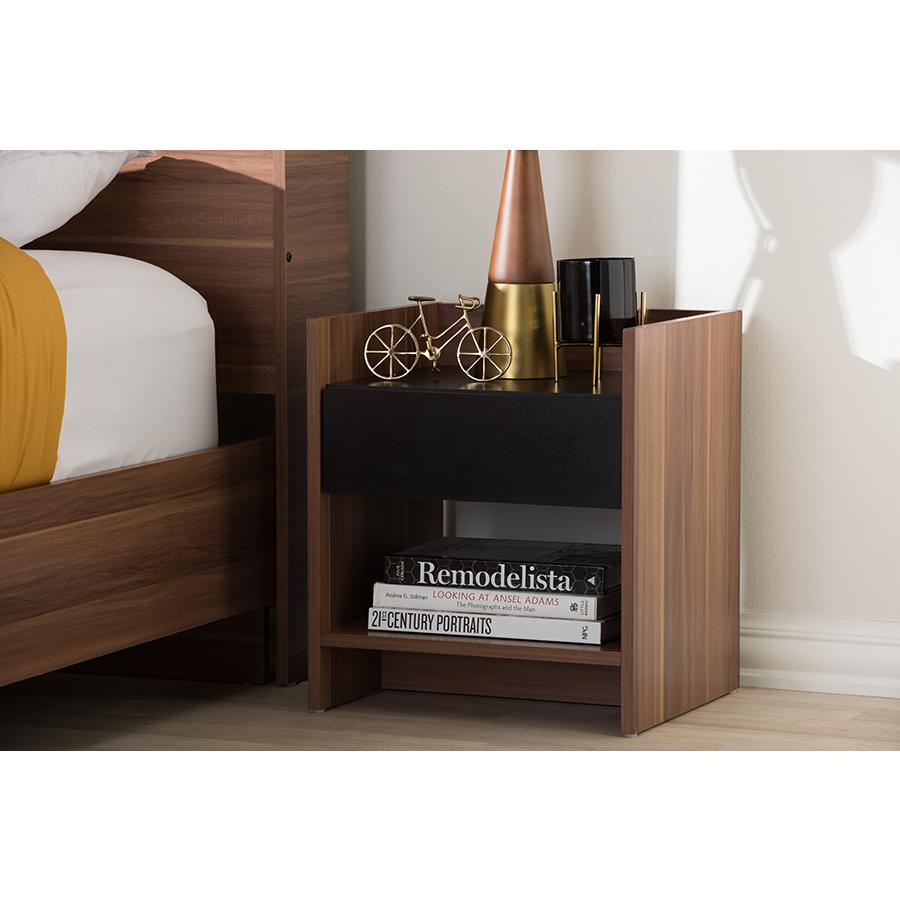 Vanda Modern and Contemporary Two-Tone Walnut and Black Wood 1-Drawer Nightstand. Picture 15