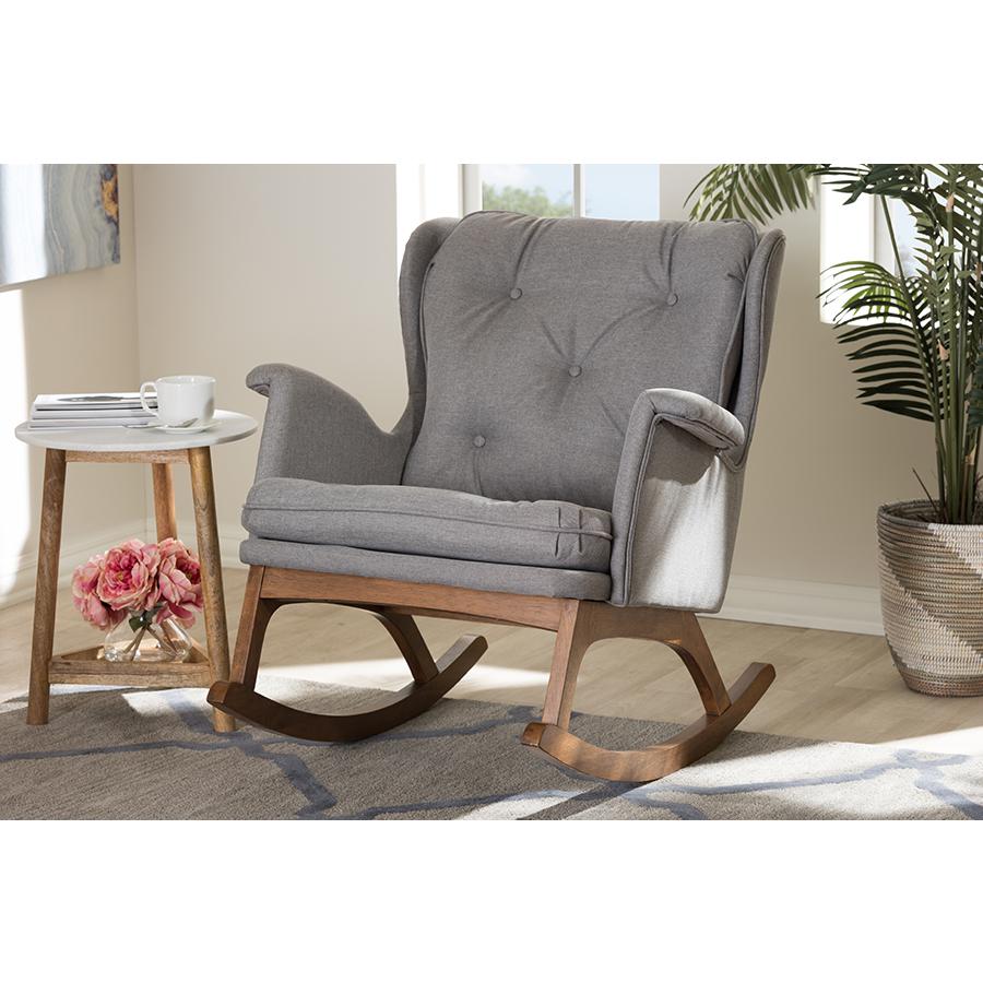 Maggie Mid-Century Modern Grey Fabric Upholstered Walnut-Finished Rocking Chair. Picture 19