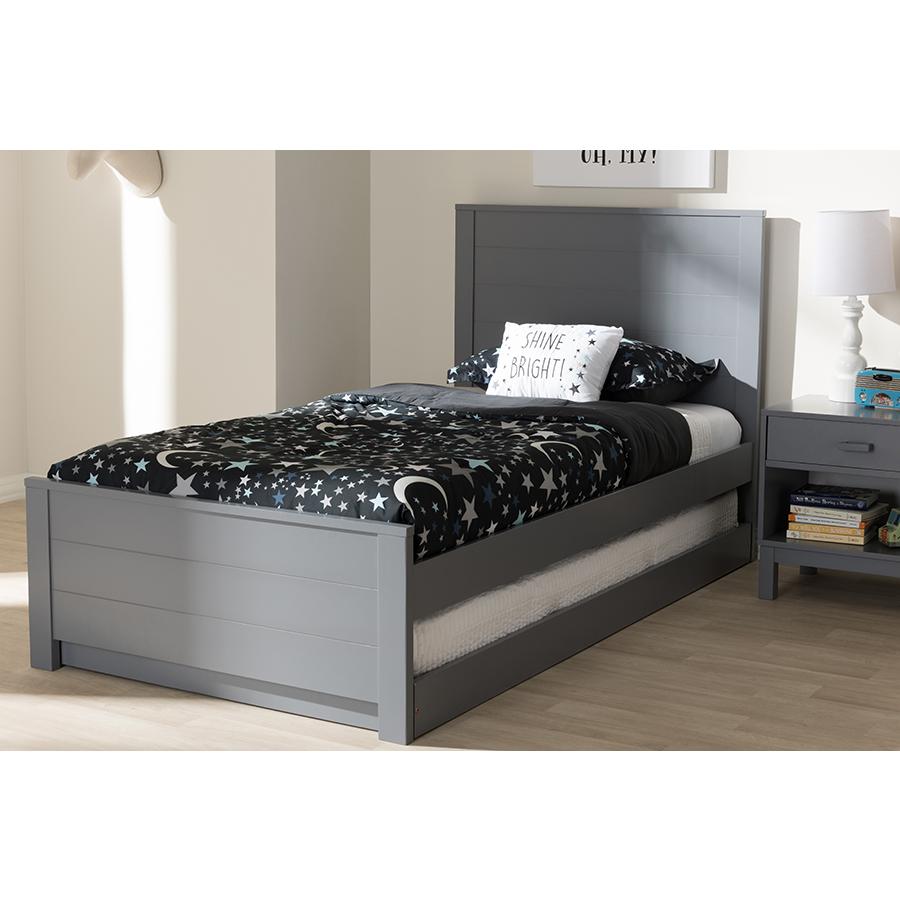 Classic Mission Style Grey-Finished Wood Twin Platform Bed with Trundle. Picture 23