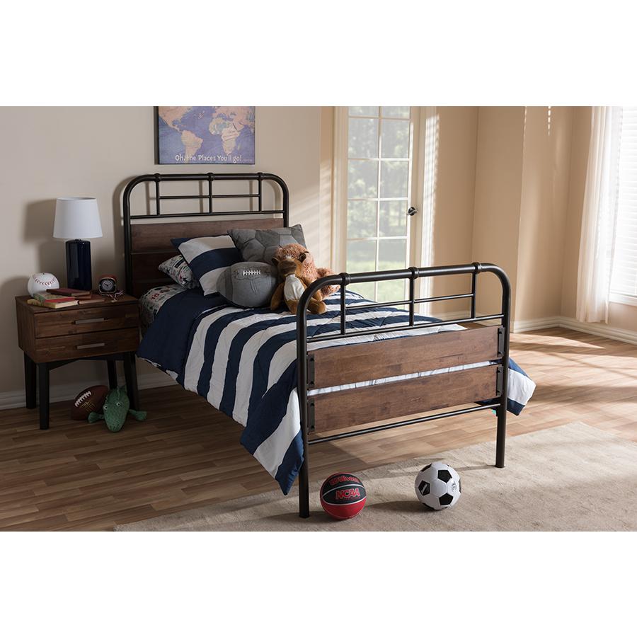 Industrial Black Bronze Finished Metal Coco Brown Wood Twin Size Platform Bed. Picture 17