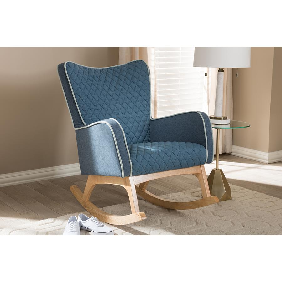 Zoelle Mid-Century Modern Blue Fabric Upholstered Natural Finished Rocking Chair. Picture 19