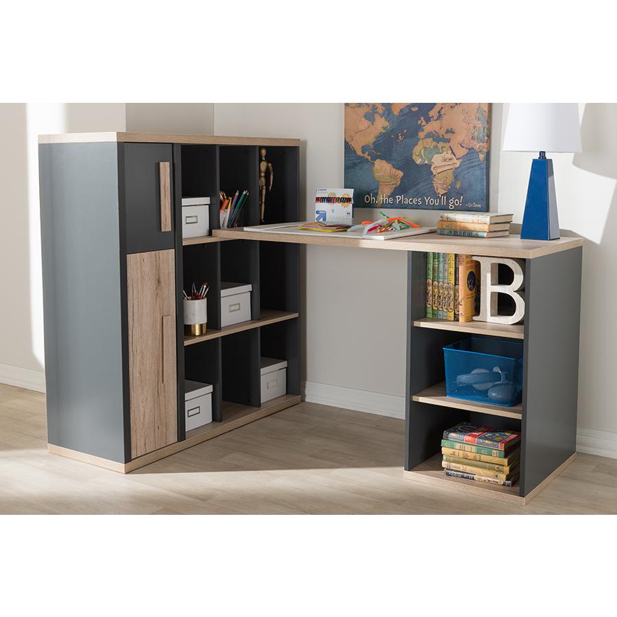 Dark Grey and Light Brown Two-Tone Study Desk with Built-in Shelving Unit. Picture 19