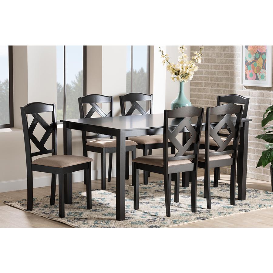 Ruth Sand Fabric Upholstered and Dark Brown Finished Wood 7-Piece Dining Set. Picture 21