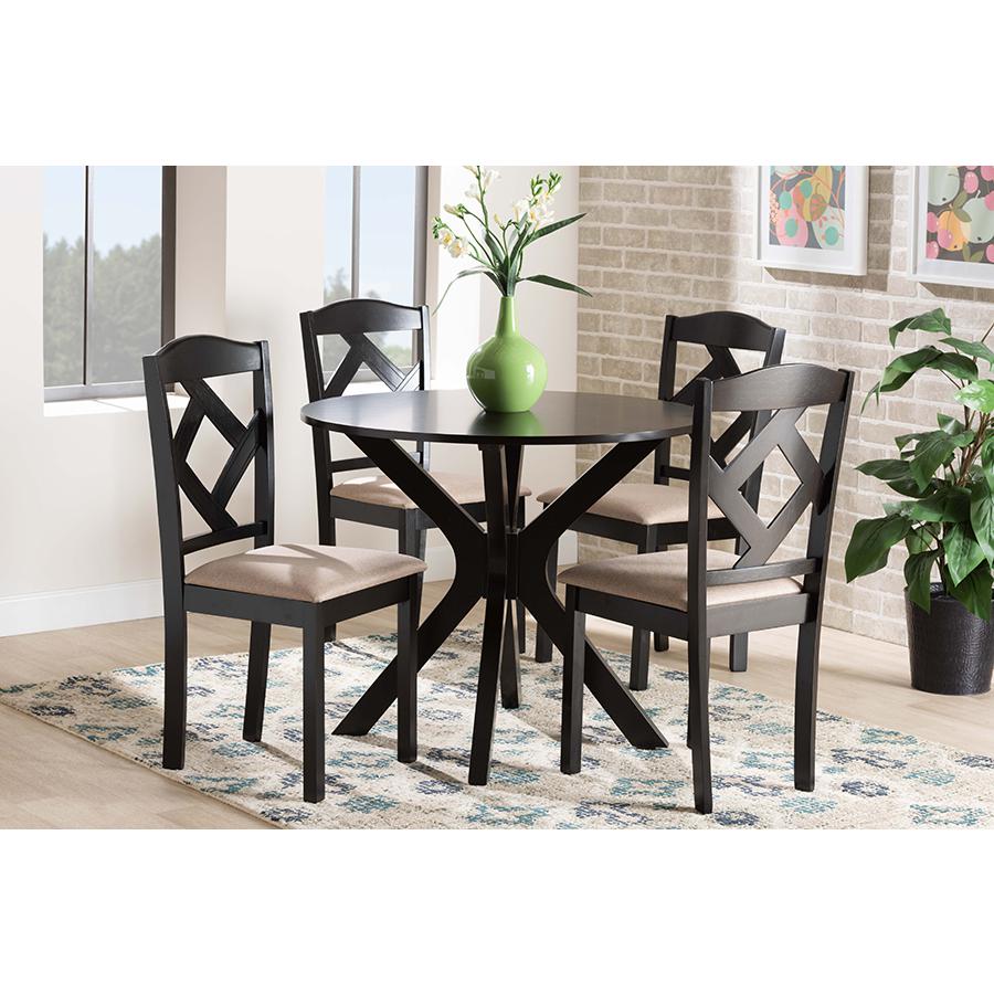 Carlin Sand Fabric Upholstered and Dark Brown Finished Wood 5-Piece Dining Set. Picture 21