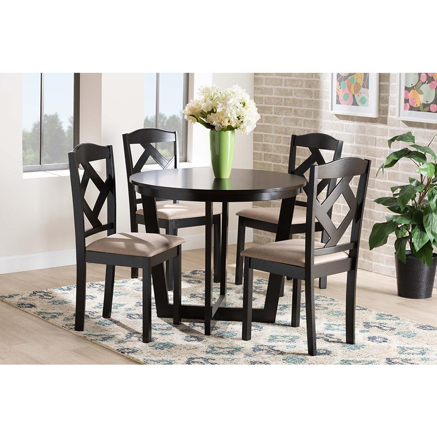 Morigan Sand Fabric Upholstered and Dark Brown Finished Wood 5-Piece Dining Set. Picture 21