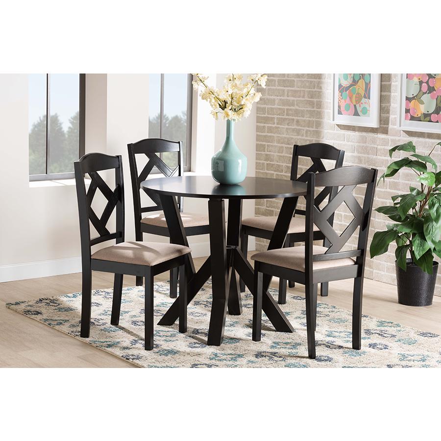 Riona Sand Fabric Upholstered and Dark Brown Finished Wood 5-Piece Dining Set. Picture 21