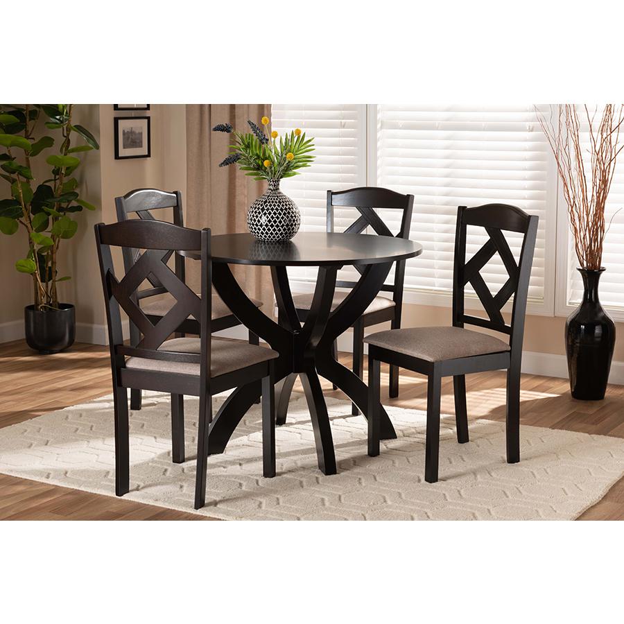 Sand Fabric Upholstered and Dark Brown Finished Wood 5-Piece Dining Set. Picture 19